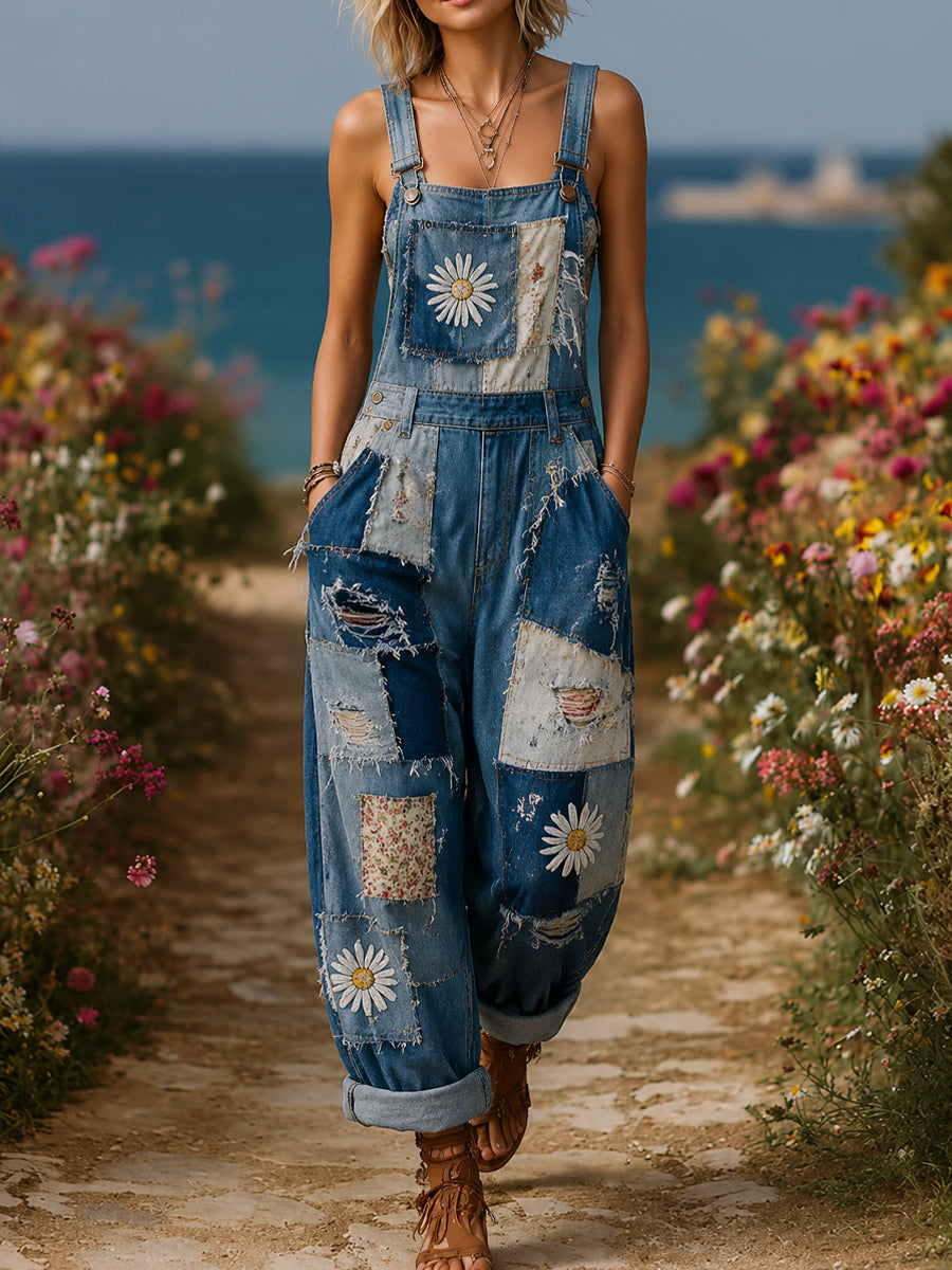Women's Retro Style Art Print Washed Cotton Denim Patchwork Jumpsuit